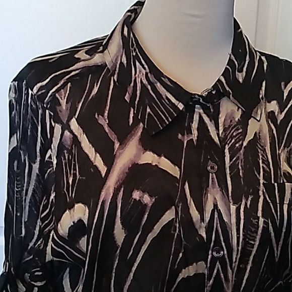 CALVIN KLEIN BLOUSE TOP RUCHED SIDES BUTTON UP SLEEVE ANIMAL PRINT - Picture 4 of 10